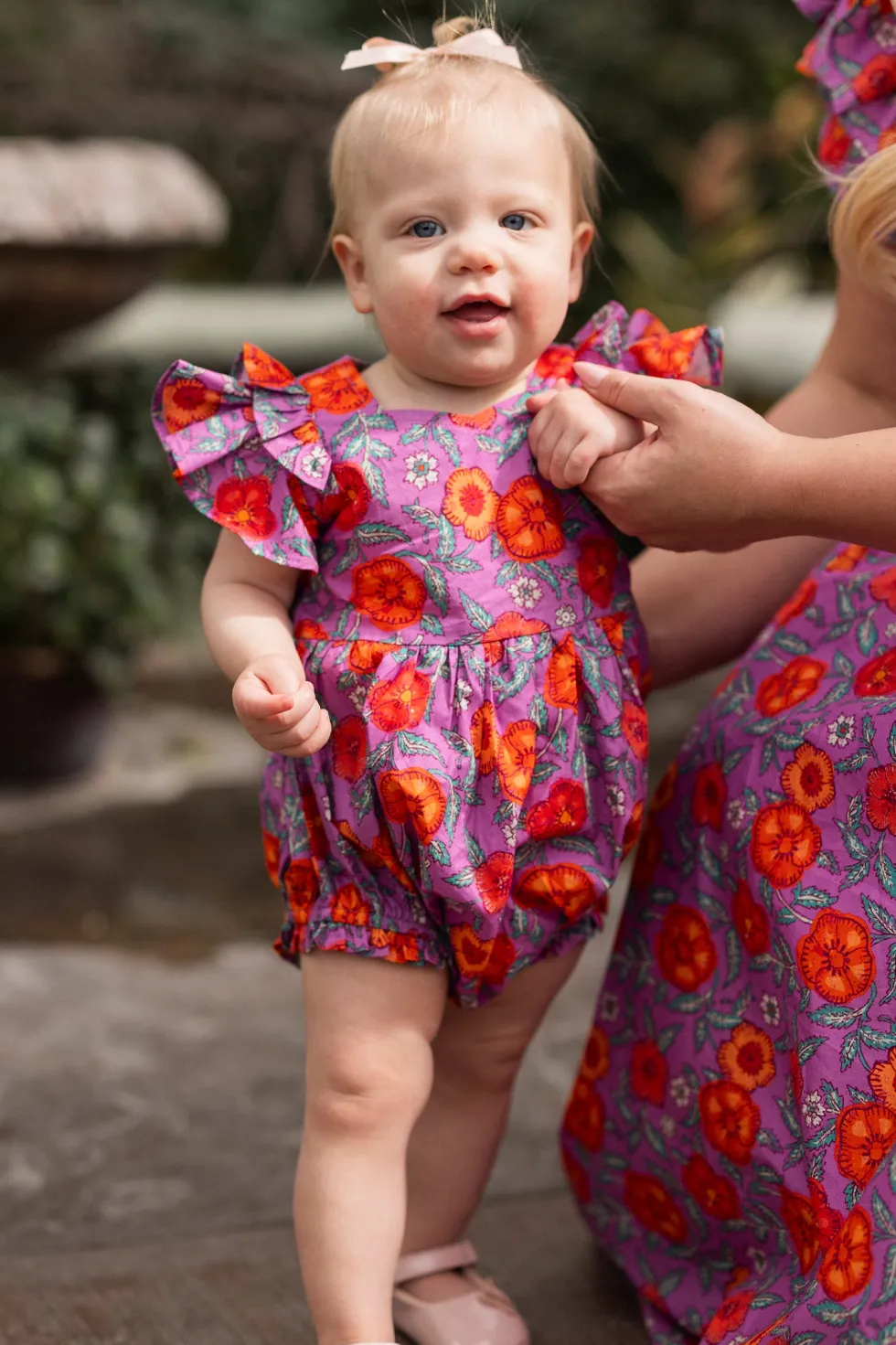 Baby Hattie Romper in Thistle Flower Poppy Woodblock