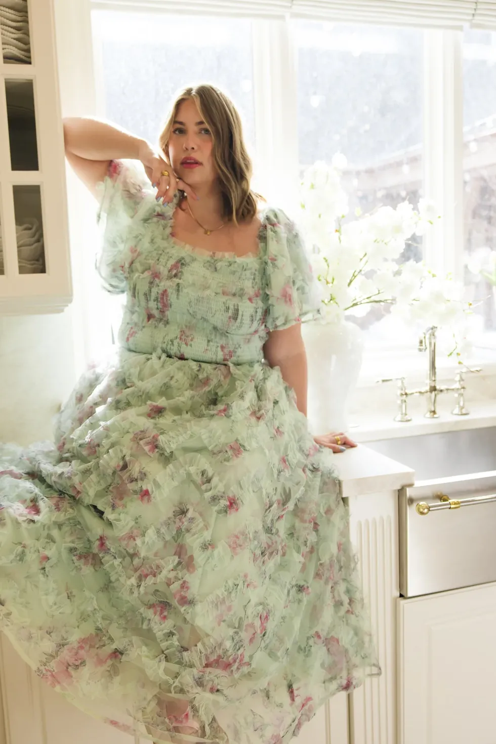 Florentina Dress in Pistachio Aquarelle Fleur