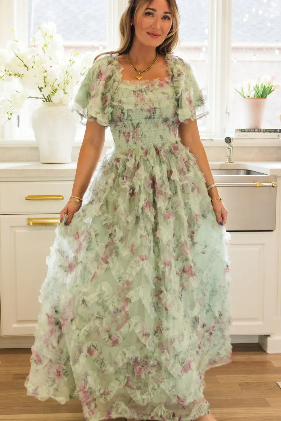 Florentina Dress in Pistachio Aquarelle Fleur