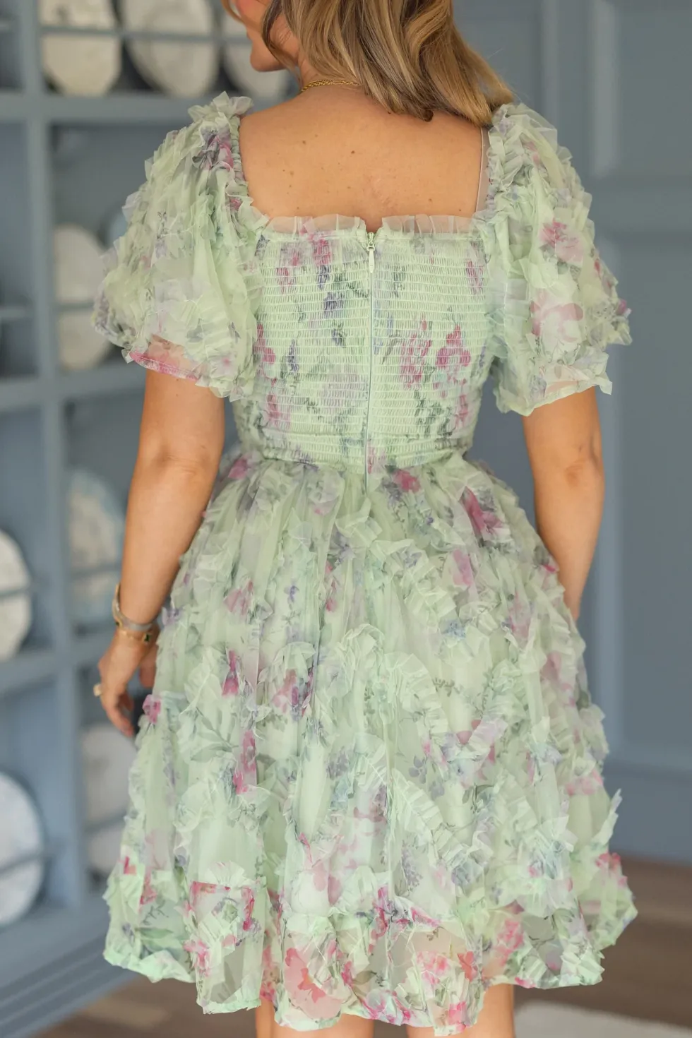 Florentina Short Dress in Pistachio Aquarelle Fleur