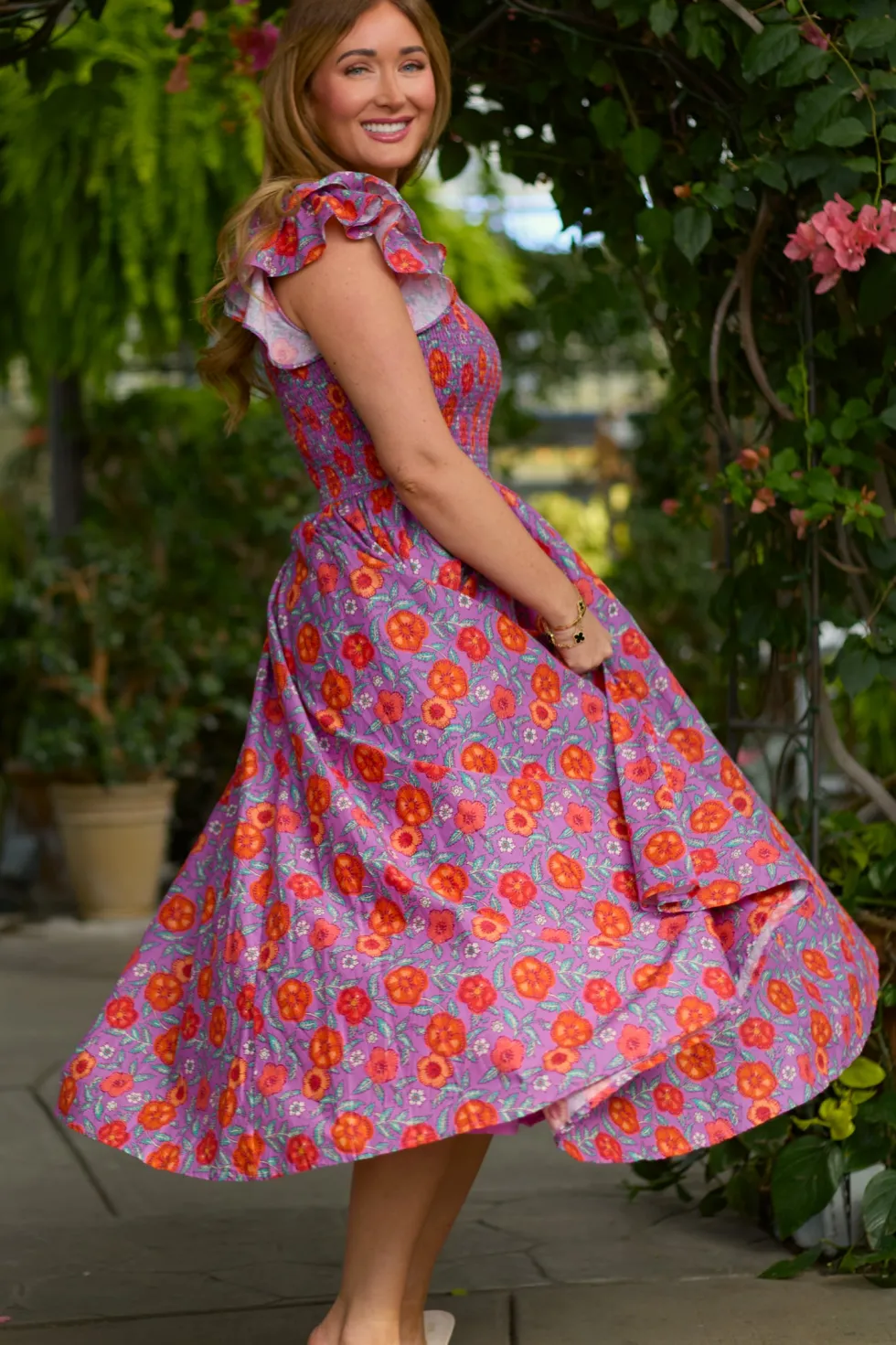 Hattie Dress in Thistle Flower Poppy Woodblock