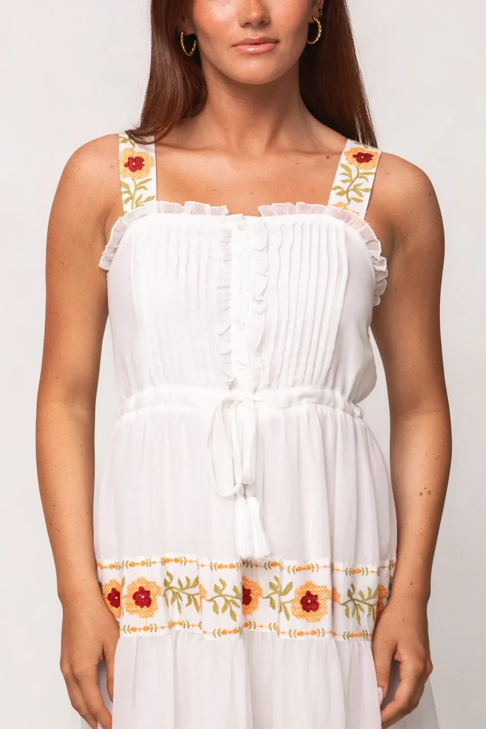 Katerina Dress in White with Floral Trim