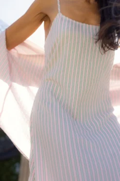 Marbella Dress in Green & Pink Pinstripe