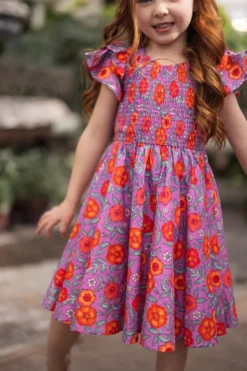 Mini Hattie Dress in Thistle Flower Poppy Woodblock