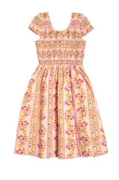 Mini Marlow Cap Sleeve Dress in Peach Handpainted Flora Stripe