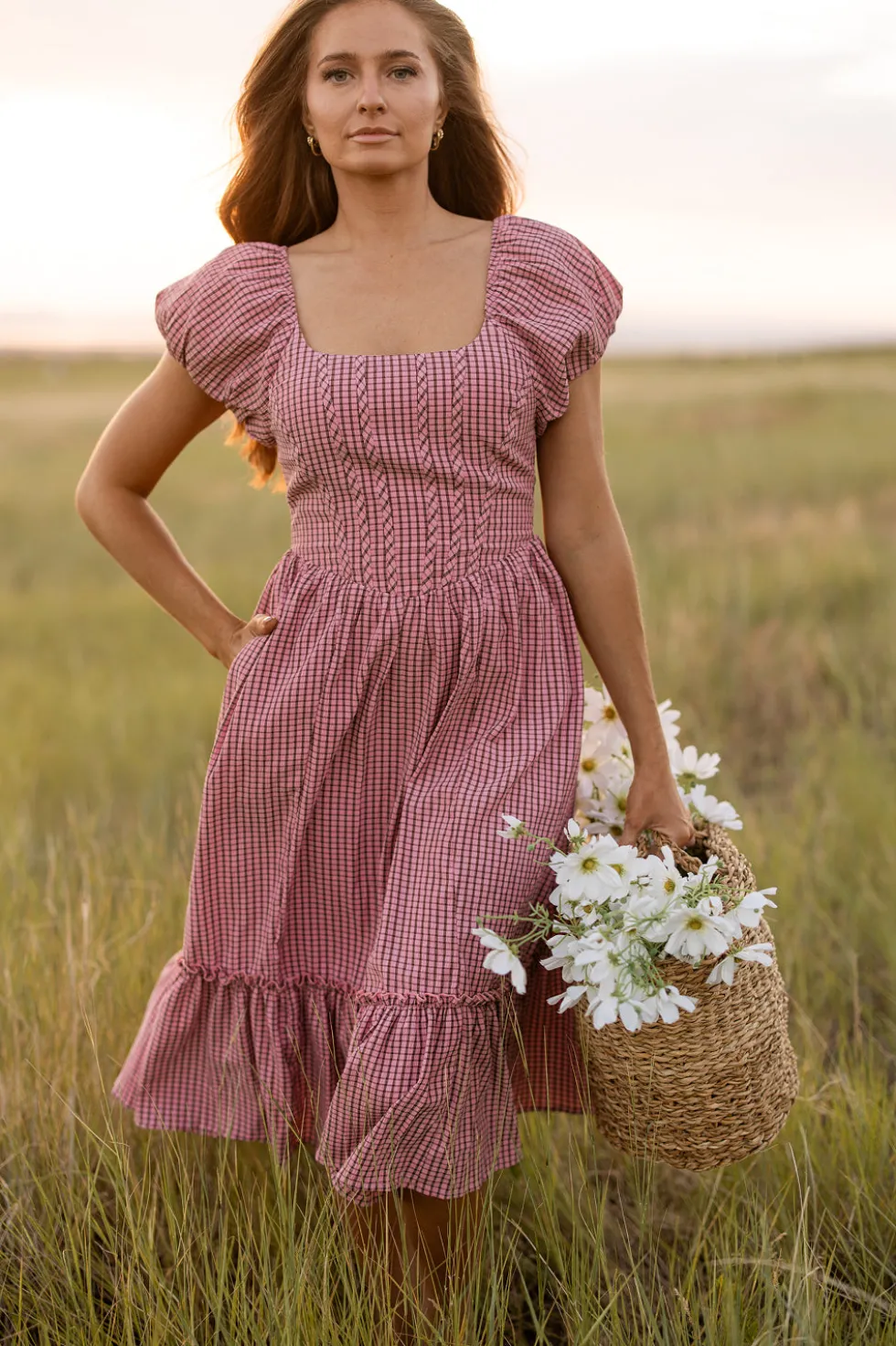 Monica Dress in Pink & Brown Gingham