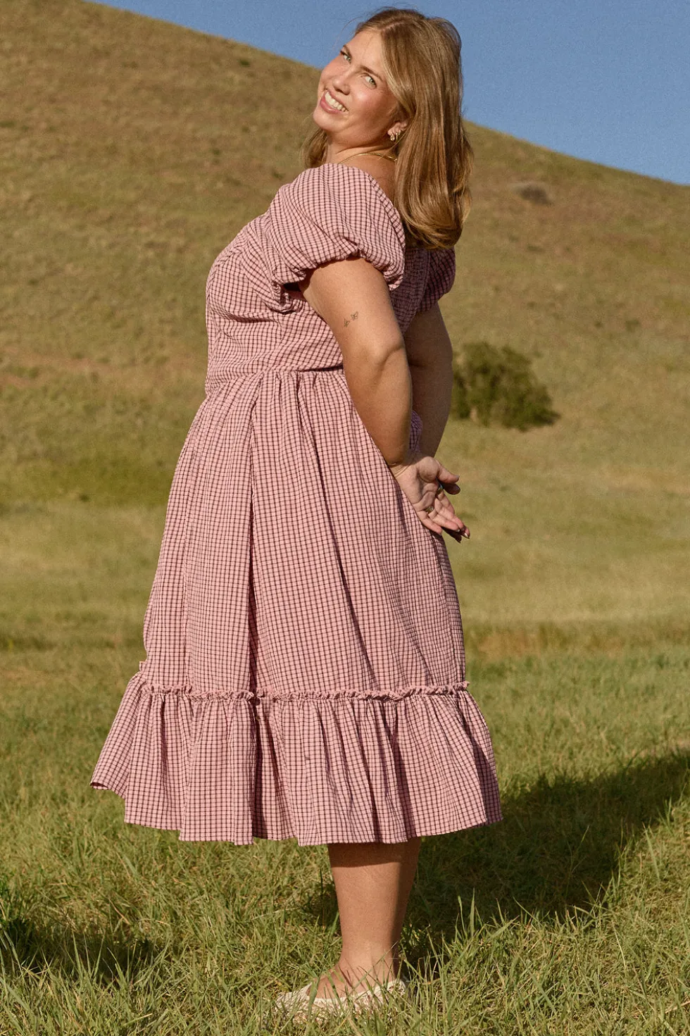 Monica Dress in Pink & Brown Gingham